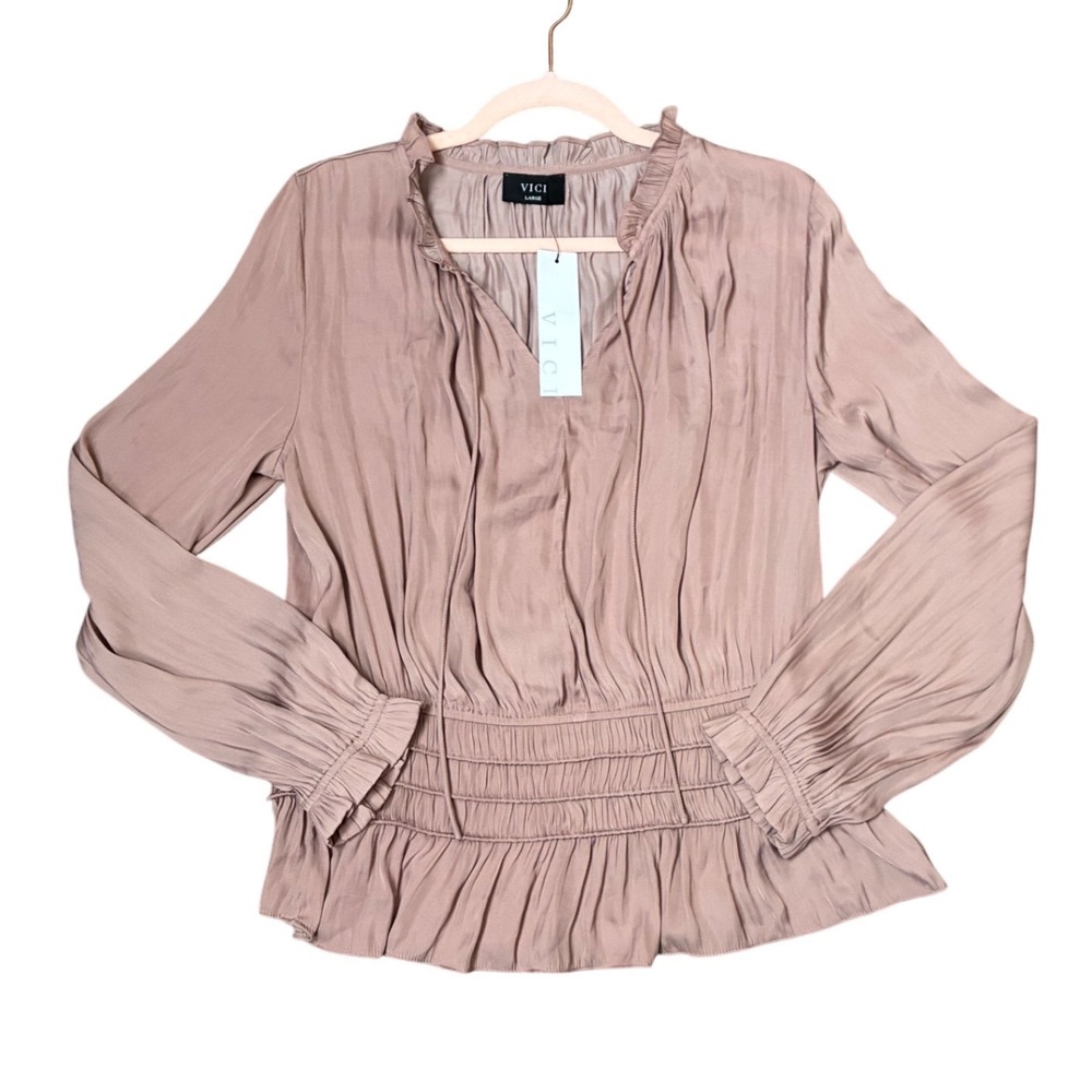 VICI Walk Down Memory Lane Smocked Blouse Mauve Large NWT 1730904V Long Sleeve